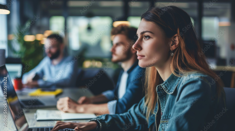A group of young IT specialists work on laptops in a coworking space. Office employees work at a desk indoors. Lifestyle. A group of young IT specialists work on laptops in a coworking space. Office employees work at a desk indoors. Lifestyle.