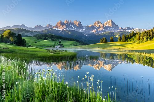 Italy, South Tyrol, View of Laghi dei Piani and Innichriedlknoten mountain at sunrise photo