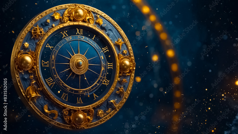 Astrological wheel golden on dark background luxurious