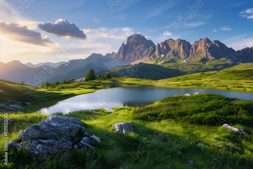 Italy, South Tyrol, View of Laghi dei Piani and Innichriedlknoten mountain at sunrise photo
