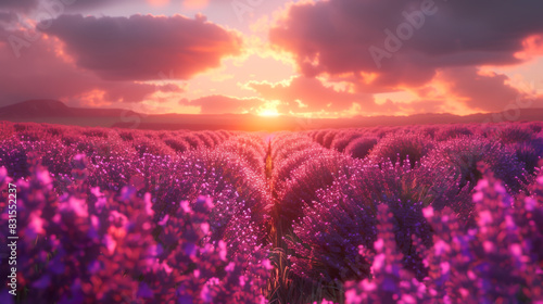 Natural landscape of growing purple lavender in the rays of sunset. Blooming lavender in a field. Beautiful flowers growing on an agricultural field. Flowers and plants concept.