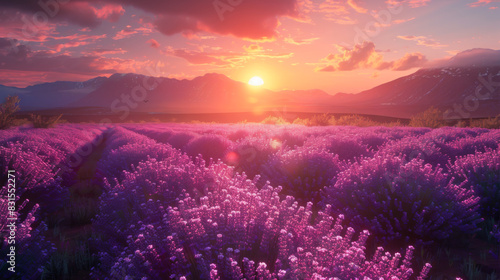 Natural landscape of growing purple lavender in the rays of sunset. Blooming lavender in a field. Beautiful flowers growing on an agricultural field. Flowers and plants concept.