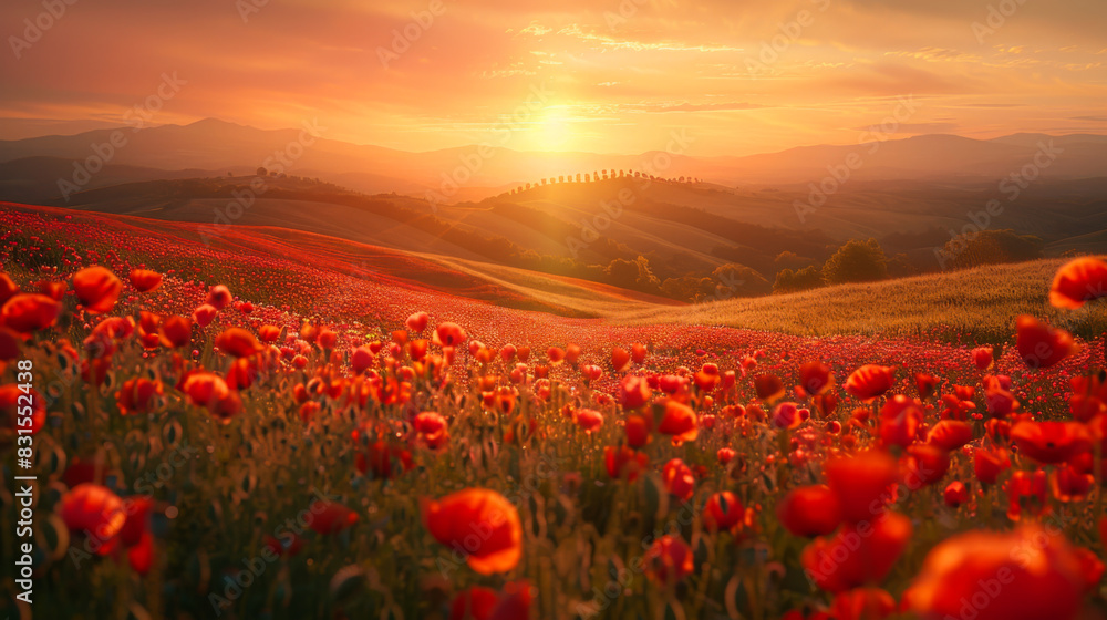 Blooming poppy field against the backdrop of a golden sunset. Red poppy ears in the wind in the field. Nature, plants and flowers concept.