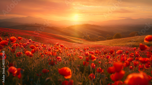 Blooming poppy field against the backdrop of a golden sunset. Red poppy ears in the wind in the field. Nature  plants and flowers concept.