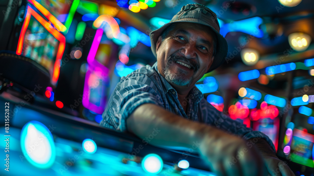 Happy man playing poker in a casino with neon lighting. An adult man spends money playing in a casino. Gambling concept. Happy man playing poker in a casino with neon lighting. An adult man spends money playing in a casino. Gambling concept.