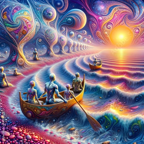 Vivid swirls of color and intricate patterns create a dreamlike landscape against a stunning sunset or sunrise. A group of people traverse this surreal world  (Generative A.I.)