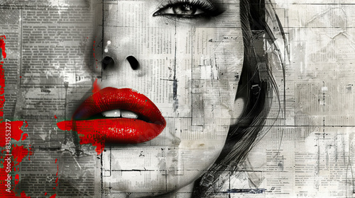 Fashion girl with red lips Woman's black and white sketch face art flying hair, . Stylish original graphics portrait with beautiful young attractive girl model, space for text, beauty