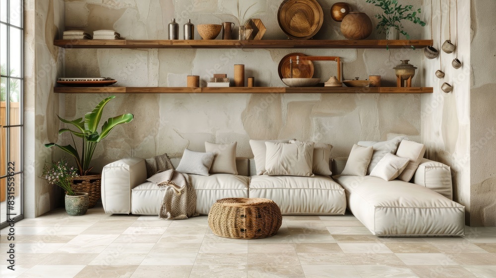 Small living room s wall with wooden shelves and coordinating stoneware flooring Small living room s wall with wooden shelves and coordinating stoneware flooring