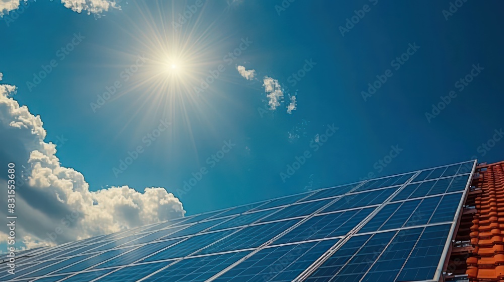 solar panels on a roof under a blue sky with sunrays