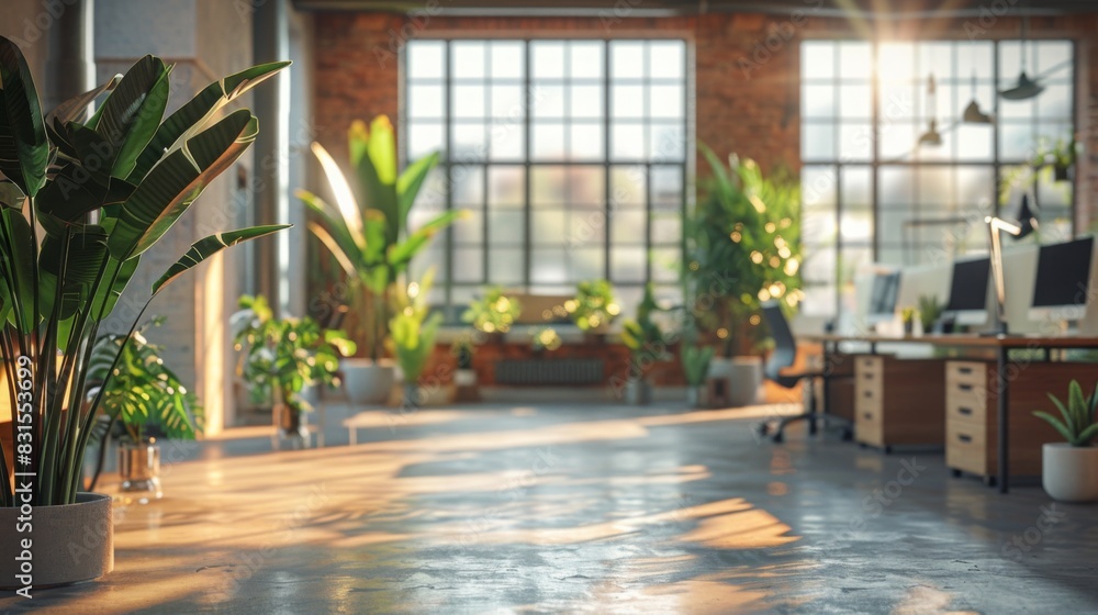 A spacious modern office featuring large windows, green plants, and workstations with natural morning light streaming in. A spacious modern office featuring large windows, green plants, and workstations with natural morning light streaming in.