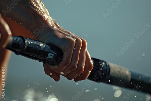 A close-up of a rower's hands gripping the oars, muscles tensed in a powerful stroke. photo