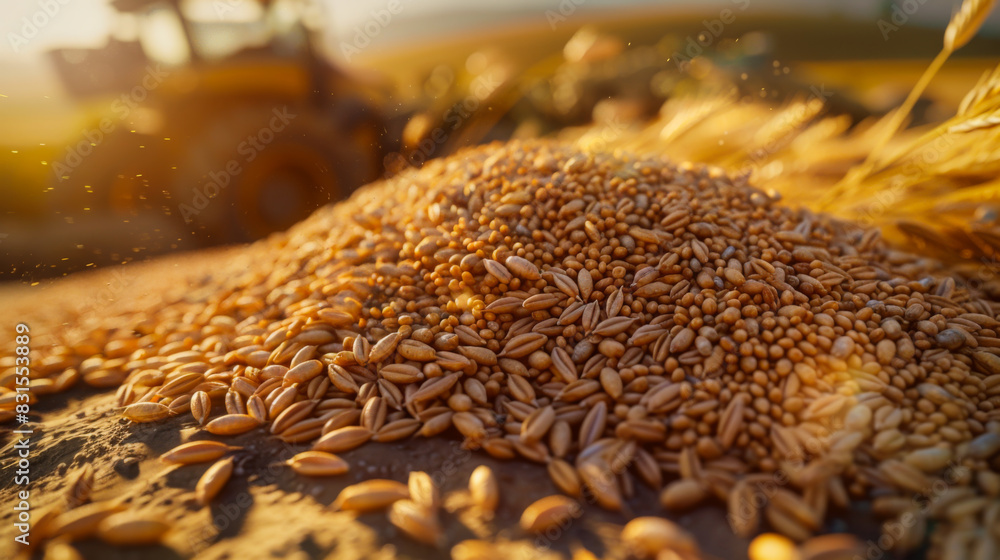 Obraz premium A large amount of ripened wheat grain lies on a farmer's field. Freshly harvested golden wheat harvest on an agricultural field at sunset. Harvest concept.