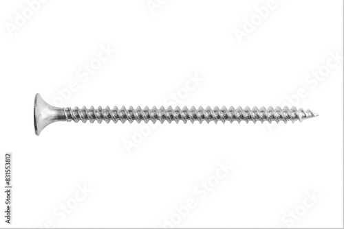 Close-up of a white wood screw isolated on a transparent background, capturing the detailed thread and head design.