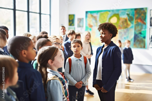 African American female teacher give a lesson to a group of children in a contemporary art gallery. Abstract painting on a background. Concept development of creative abilities pupils in schools photo