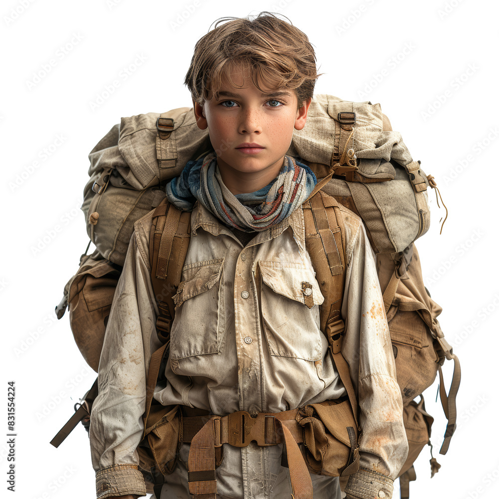 A boy in a scout uniform, isolated from the background, cut out from its surroundings. Concept of scouting activities. Generative Ai. A boy in a scout uniform, isolated from the background, cut out from its surroundings. Concept of scouting activities. Generative Ai.