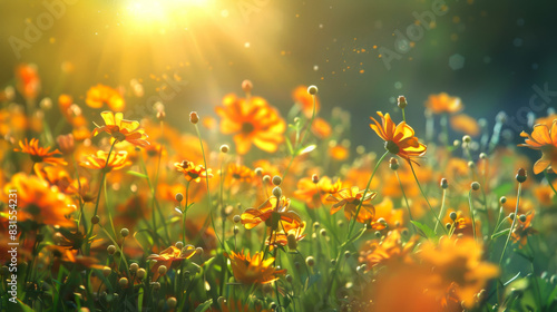 Many wild yellow flowers on a sunset field. Wildflowers growing outdoors sway at sunset. Concept of nature  flowers.