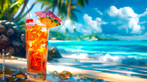 南国の夕陽に輝くフルーツティー - Fruit Tea Glowing in the Tropical Sunset generative AI photo