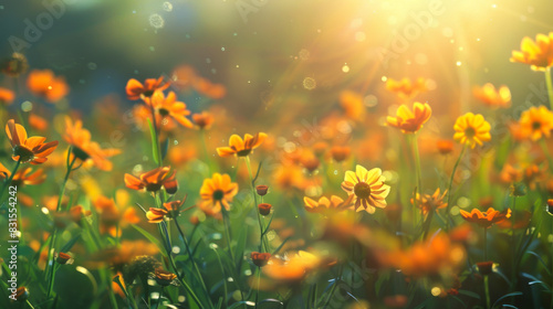 Many wild yellow flowers on a sunset field. Wildflowers growing outdoors sway at sunset. Concept of nature  flowers.