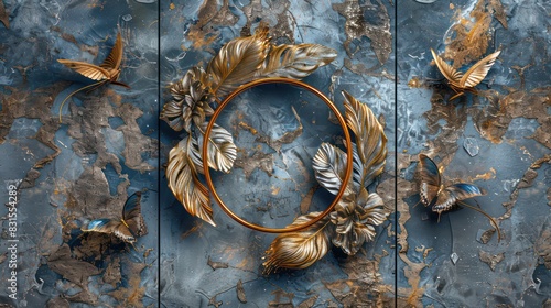 three panel wall art, golden ring with feathers and butterflies, blue gray color scheme, marble background,