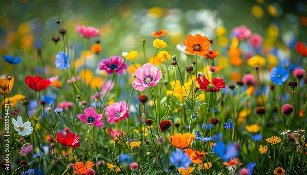 Fototapeta premium Beautiful meadow filled with vibrant wildflowers in full bloom, with a variety of colors and types creating a picturesque natural scene