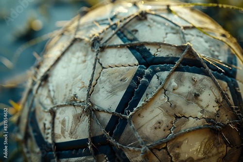 A close-up of a soccer ball  stitching detailed  with blades of grass clinging to its surface.