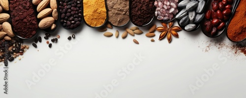 A variety of spices and seeds arranged on a white background. photo
