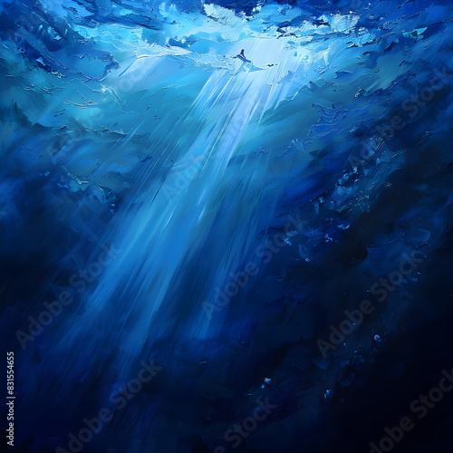 Exploration  Scuba Diving   Underwater Sea - Deep Abyss With Blue and a ray of sunlight penetrating the sea