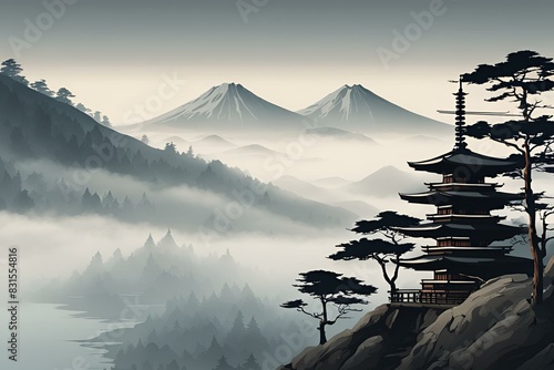 Japanese pagoda in misty landscape, Mount Fuji in background, vibrant red trees, serene atmosphere, traditional architecture, nature scenery, tranquil scene, cultural heritage