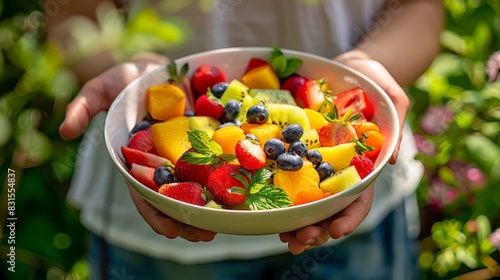 Hands holding a bowl of colorful  fresh summer fruits. Perfect for promoting healthy eating and summer picnics.
