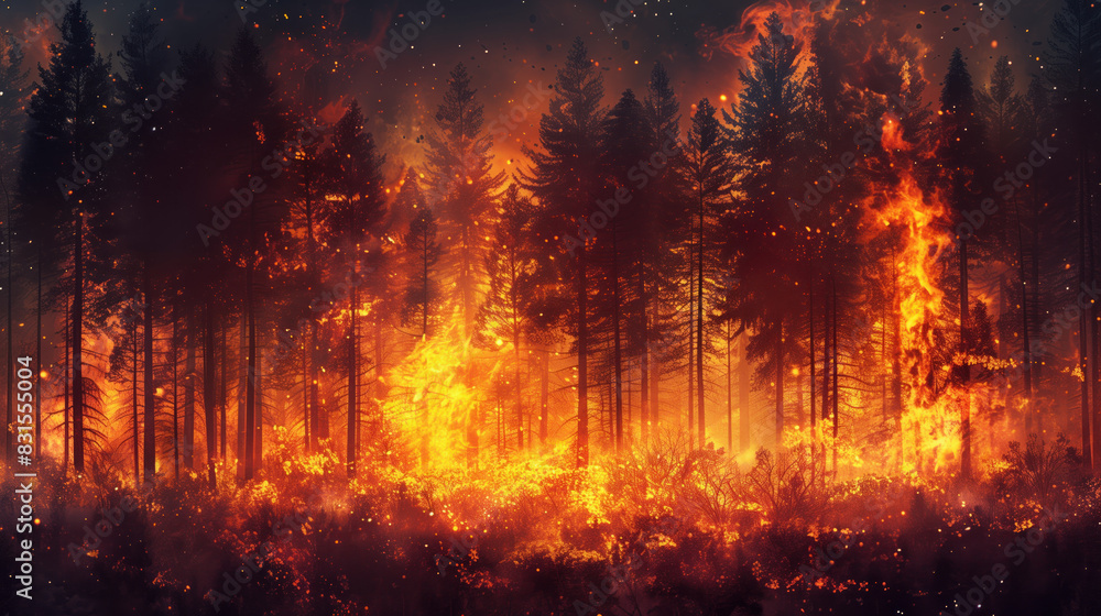 Intense forest fire consuming trees with high flames and thick smoke Intense forest fire consuming trees with high flames and thick smoke