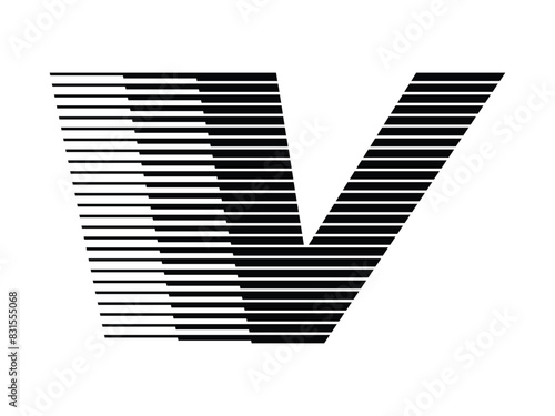 Letter V logo with modern dynamic horizontal speed lines. Bold fast motion typography with speed trail. Stylized with abstract linear motion pattern