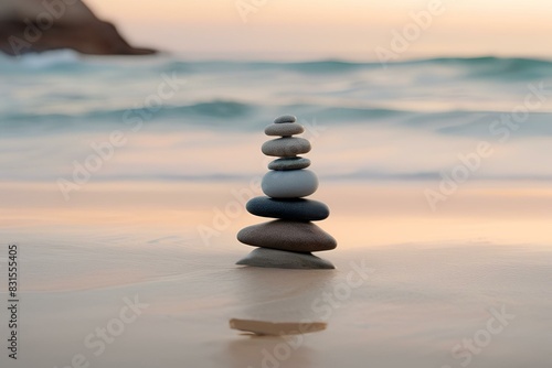 Zen stones on beach at sunrise  balanced pebbles in serene coastal landscape  tranquility and harmony in nature  space for text