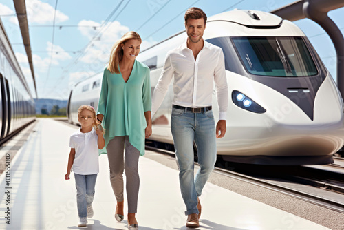 Family, mother, father and their young child on a sunlit high speed train station platform. Concept of environmental benefits of family travel via low-emission public transport. Eco-friendly journey