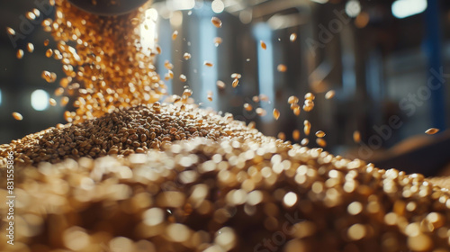 Grain falls into a pile of processed single malted grain at a brewery. Grain is processed in a modern plant. Industry concept.