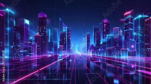 A vibrant cityscape blending 2D and 3D buildings, featuring neon colors and AR holograms. © PhotoRK