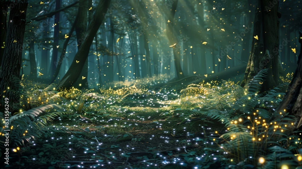 Obraz premium A forest glade teems with bioluminescent fireflies and radiant plants, casting a mystical, soft glow.