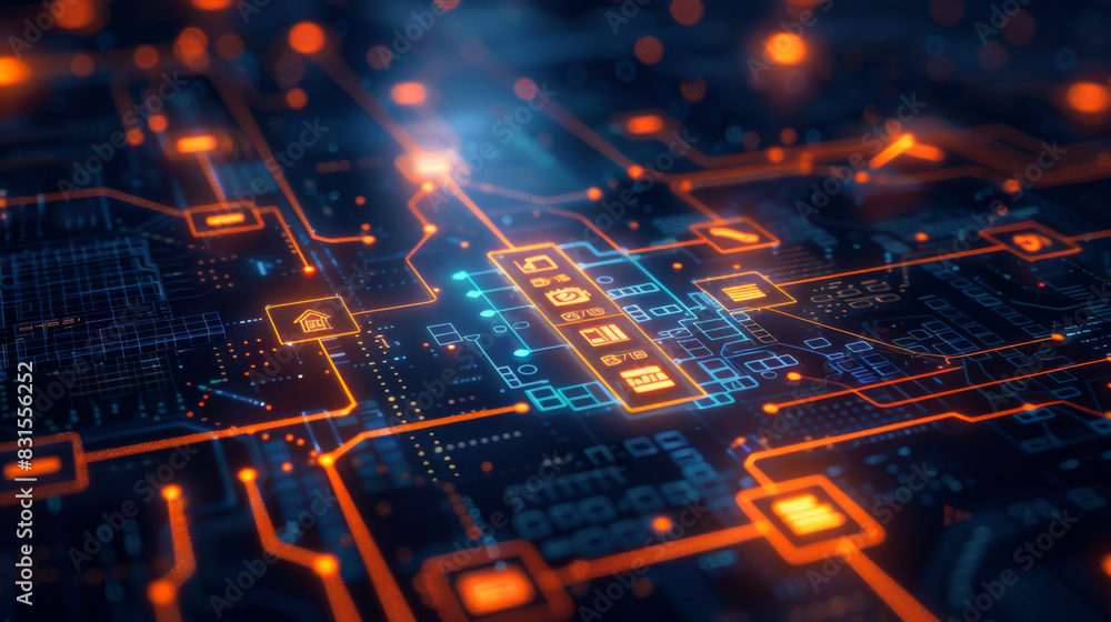 Close-up of a technology chip in a processor on a dark background with orange backlight. Technology concept. Close-up of a technology chip in a processor on a dark background with orange backlight. Technology concept.