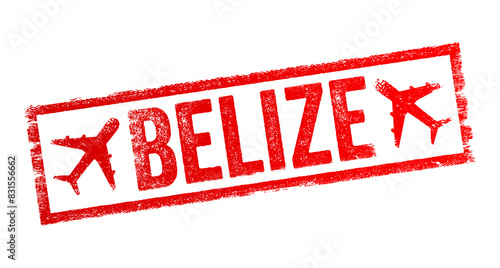 Belize - is a country on the north-eastern coast of Central America, it is bordered by Mexico to the north, the Caribbean Sea to the east, and Guatemala to the west and south, text stamp with airplane photo