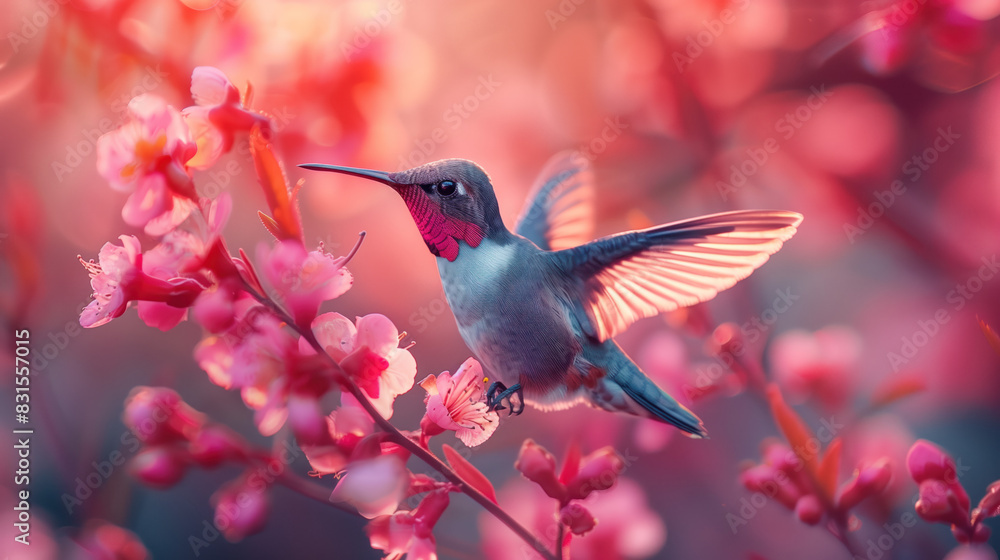 Obraz premium Closeup of a colorful hummingbird feeding on nectar
