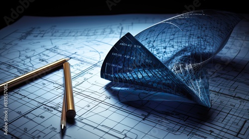 Illustrative design of mathematical modeling in engineering exploration, with a background of paper and stationery