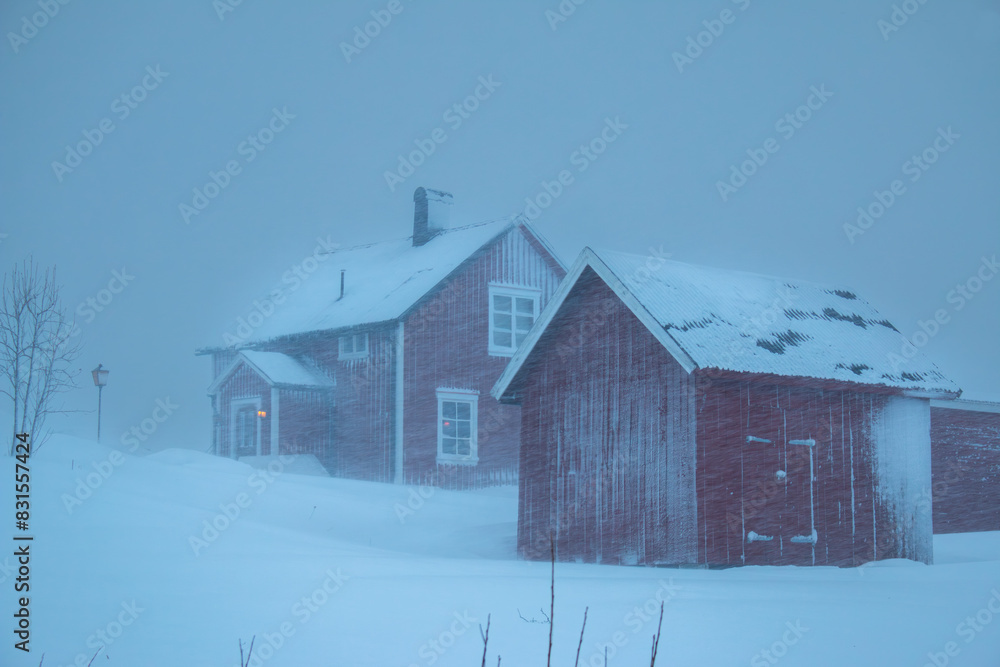 Swedish red houses in one of the strongest snowstorms of 2024, Hemavan, Sweden Swedish red houses in one of the strongest snowstorms of 2024, Hemavan, Sweden