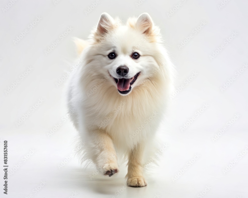 American Eskimo Dog running on a plain white background and looking at the camera. American Eskimo Dog running on a plain white background and looking at the camera.