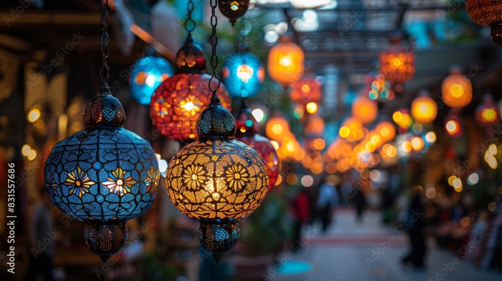 Obraz premium celebratory holiday decor, vibrant eid al-adha decorations suspended overhead, infusing a celebratory and inviting vibe into the holiday gathering