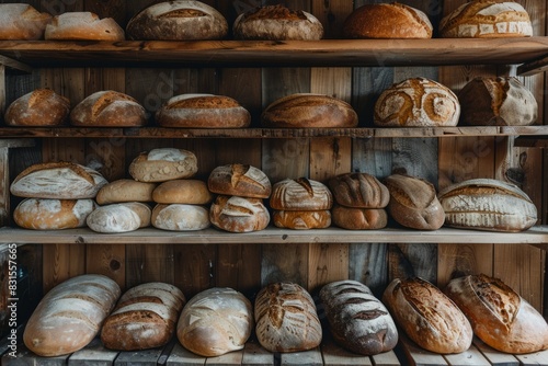 Sourdough bread on wooden shelves. Bakery shelf with golden crust bread