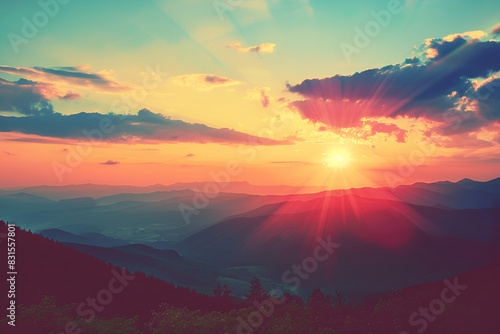 Panoramic view of colorful sunrise in mountains. Filtered image:cross processed vintage effect. photo