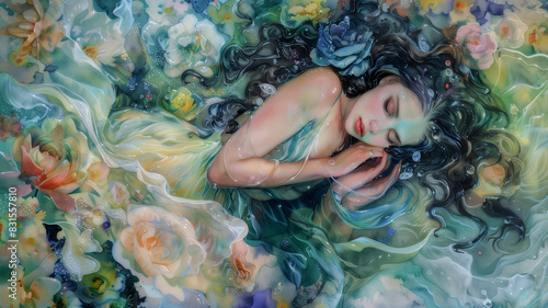 Woman floating in water and flowers as if in a dream.