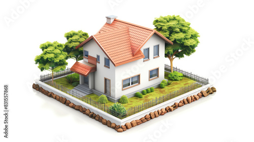 3D model of a house with a plot on a white isolated background. Icon, suitable for games, presentations