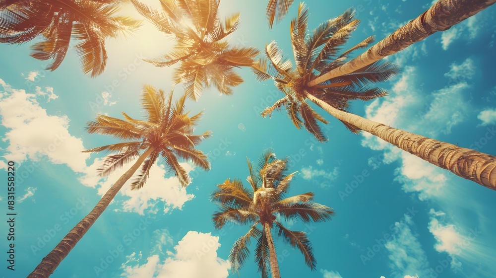 Looking up at blue sky and palm trees, view from below, vintage style, tropical beach and summer background, travel concept. Looking up at blue sky and palm trees, view from below, vintage style, tropical beach and summer background, travel concept.