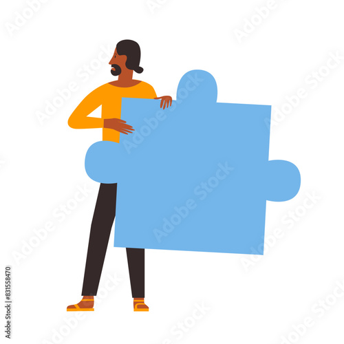 Man holding one puzzle piece as metaphor for building partnership and teamwork vector illustration