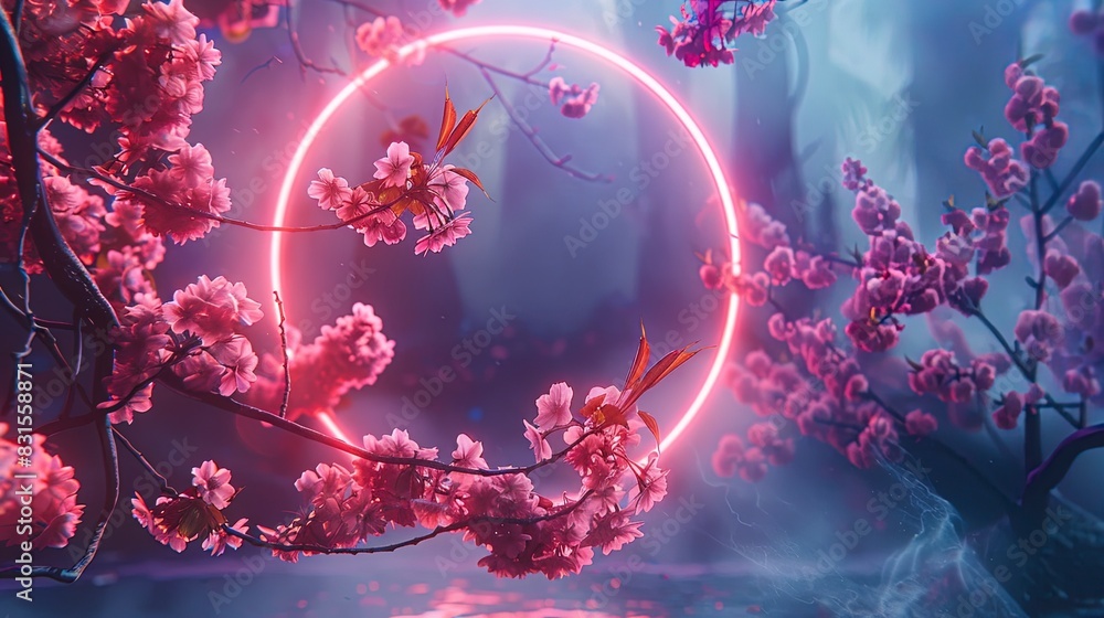 Fantasy landscape, pink neon circle, sakura branches. Fantasy landscape, pink neon circle, sakura branches.